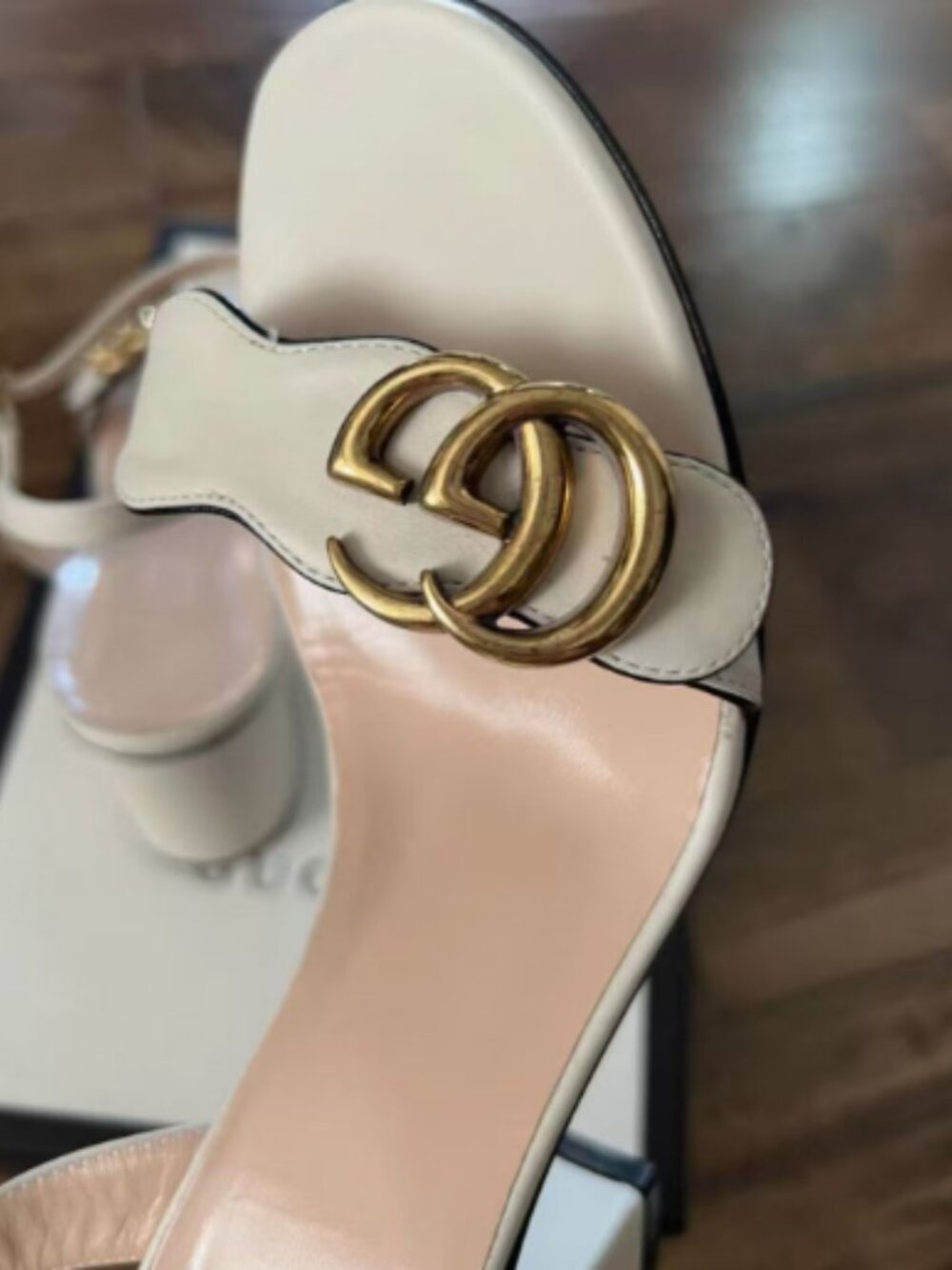 Gucci White Leather GG Logo Block-Heel Sandals - Picture 3 of 7